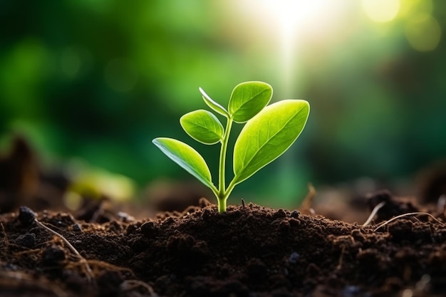 Plante verte poussant dans le sol avec un fond de lumière solaire Concept écologique