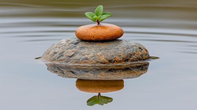 Une plante verte poussant sur un rocher dans l'eau en gros plan de la photo