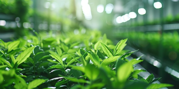 Une plante verte pousse dans une serre.