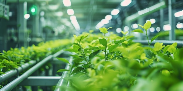 Une plante verte pousse dans une serre.