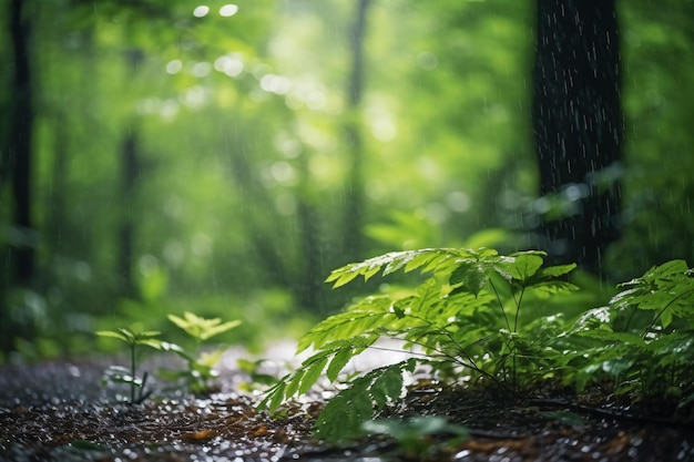 une plante verte pousse sous la pluie