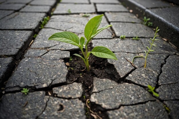 Photo une plante verte qui pousse à travers les pavés.