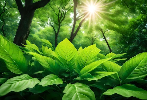 une plante verte avec le soleil qui brille à travers les feuilles