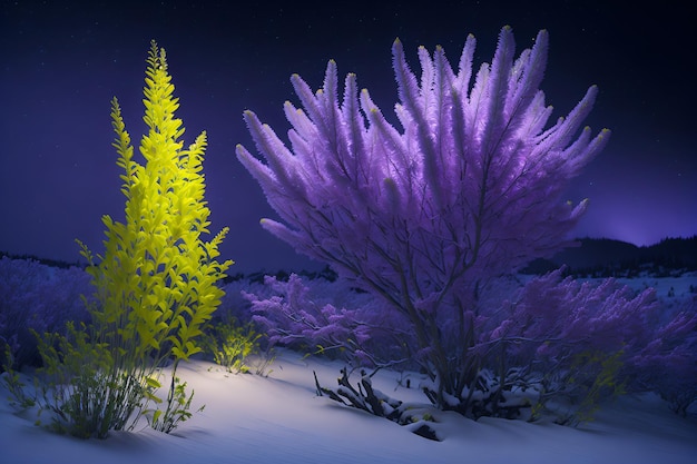 Une plante violette et jaune dans un paysage enneigé