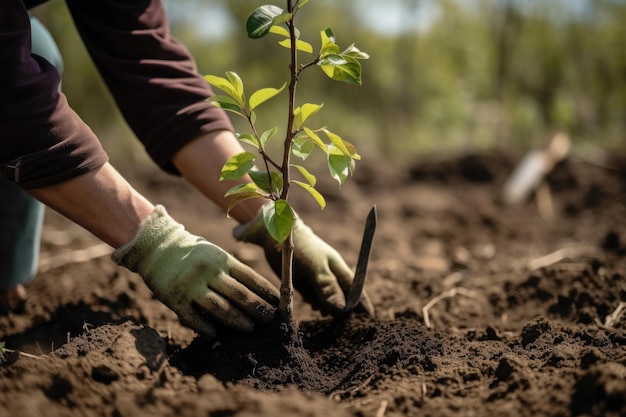 Planter un arbre dans le sol Travailler dans le jardin AI générative