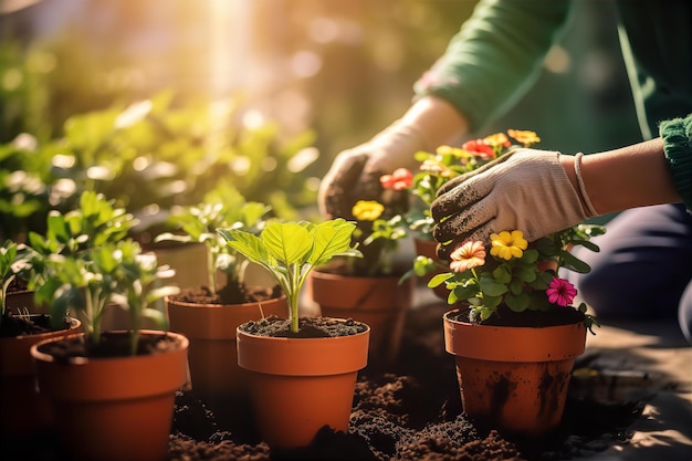 Planter des fleurs sur un pot avec la lumière du soleil