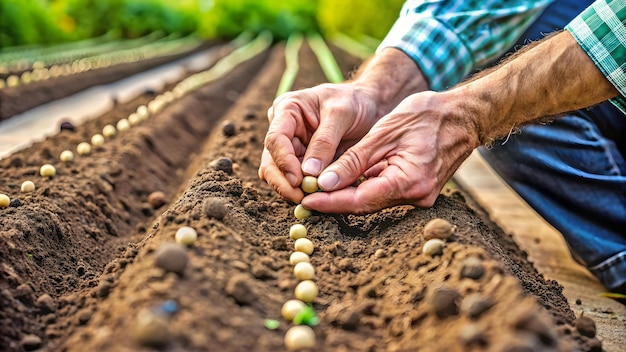 Photo planter des graines de pois dans des rangées de sol de jardin