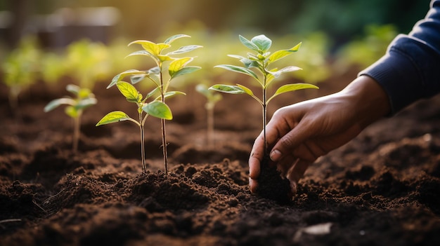 Planter de petites pousses dans le sol sur le champ Vue rapprochée de la plantation, de la culture et du soin de la nature Travail d'équipe et de la famille dans le jardin IA générative