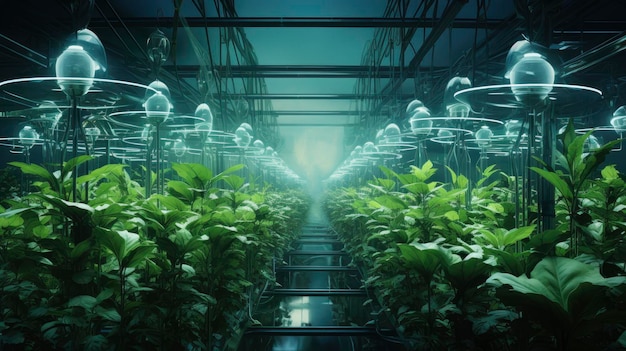 Plantes bioniques technologie avancée flore innovante de bio-ingénierie photosynthèse améliorée agriculture futuriste créée avec la technologie d'intelligence artificielle générative
