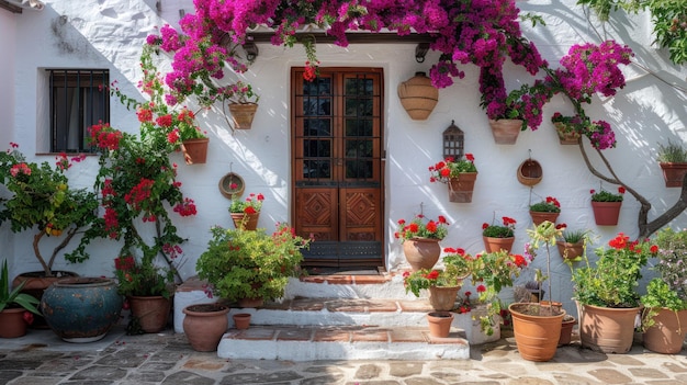 Des plantes de bougainvillea dans un pot d'argile sur la terrasse d'une maison espagnole rustique classique