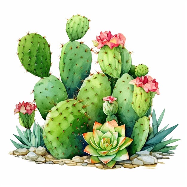 plantes de cactus avec des fleurs et des roches sur un fond blanc génératif ai