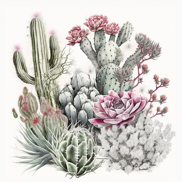 les plantes de cactus et les plantes succulentes sont disposées dans un style de dessin ai génératif