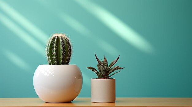 Photo plantes de cactus en pot en céramique sur une étagère en bois, fond de mur vide, image générée par l'ia