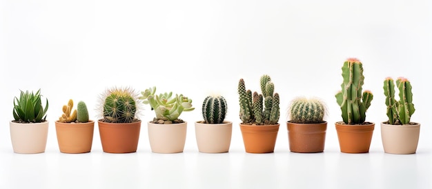 Plantes de cactus en pots sur fond blanc