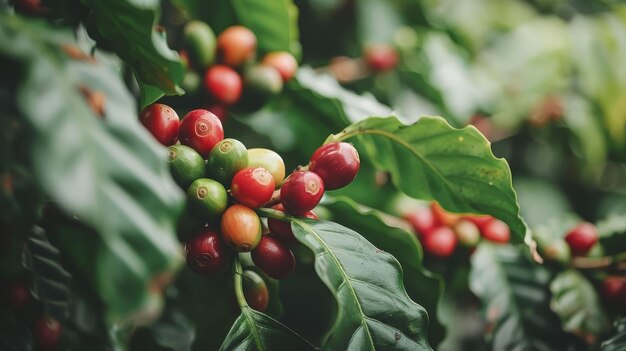 Photo plantes de café en fleurs en gros plan sur les cerises un voyage de la ferme à la tasse