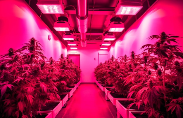 Plantes de cannabis en pot dans une salle lumineuse à led