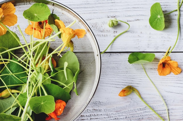 Plantes de capucine Fleurs et feuilles de cresson des moines préparées pour la cuisson sur la vue de dessus de table de cuisine