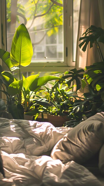 Des plantes de chambre à coucher au soleil du matin.