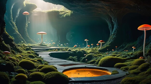 Photo des plantes et des champignons luxuriants peuplent l'intérieur de la grotte