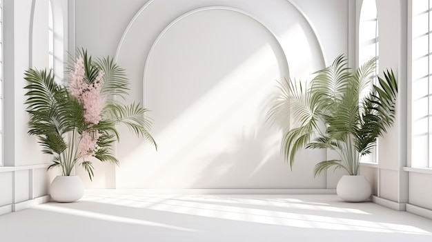 Plantes dans une salle blanche avec une grande arche