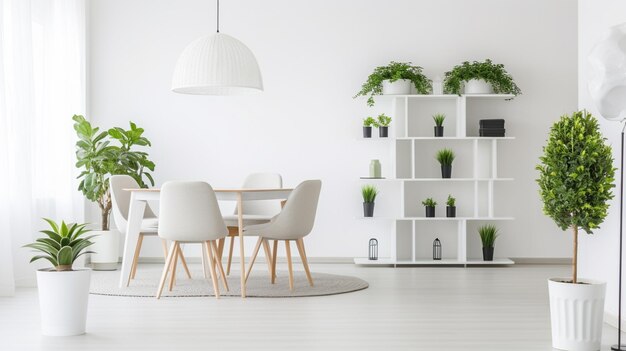 Plantes sur étagères et tapis dans l'intérieur de l'appartement blanc avec des chaises à la table à manger sous la lampe