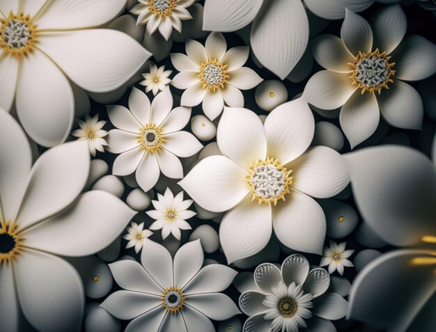 Des plantes fantastiques et des fleurs blanches lumineuses Arrière-plan plein cadre vue supérieure rapprochée