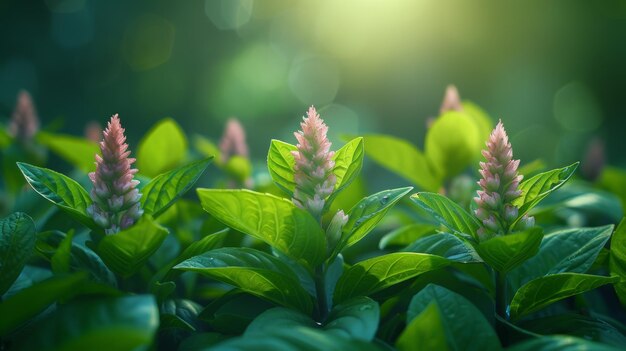 Les plantes à feuilles vertes et à fleurs violettes qui poussent dans un jardin d'été sont le basilic à la cannelle et les plantes à feuille verte et à fleur violette