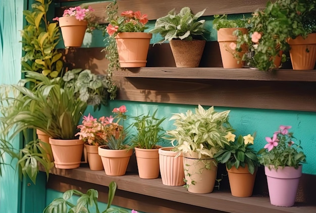 Plantes et fleurs dans des pots en bois et en plastique sur fond peint coloré