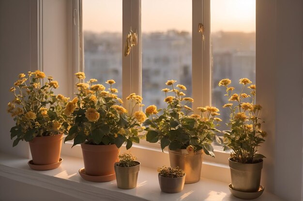 Photo plantes et fleurs sur le rebord de la fenêtre par la fenêtre heure d'or de haute qualité