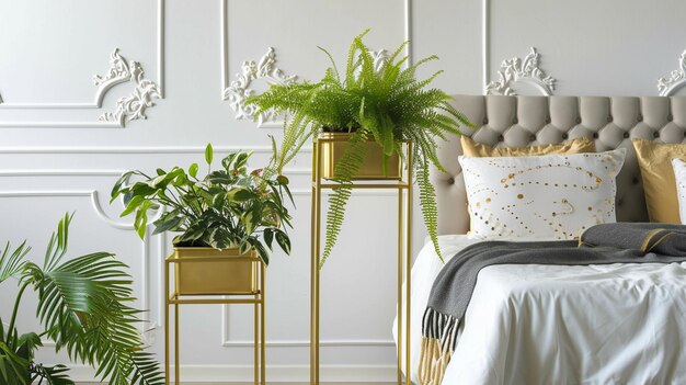 Photo plantes fraîches sur des supports en or placées dans un intérieur lumineux de chambre à coucher avec moulage sur le mur génératif ai