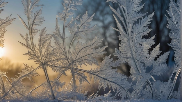 Des plantes d'hiver gelées à la lumière du matin