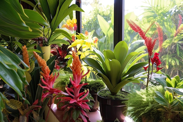 Plantes d'intérieur colorées comme les broméliacées, les orchidées croton et les bégonias à la maison De nombreuses plantes vibrantes sur le rebord de la fenêtre de l'appartement génératif d'IA