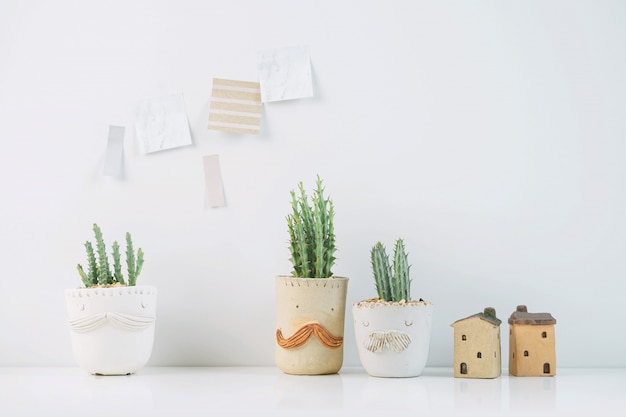 Plantes d&#39;intérieur en pot de cactus avec pense-bête sur un mur blanc.