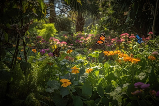 Plantes de jardin luxuriantes poussant des papillons dansant IA générative