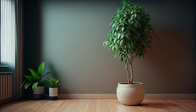 Des plantes en pot décorent le salon vide avec des murs verts et un parquet AI générative