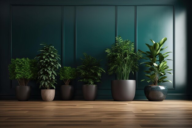 Des plantes en pot décorent le salon vide avec des murs verts et un plancher de bois franc généré par l'IA