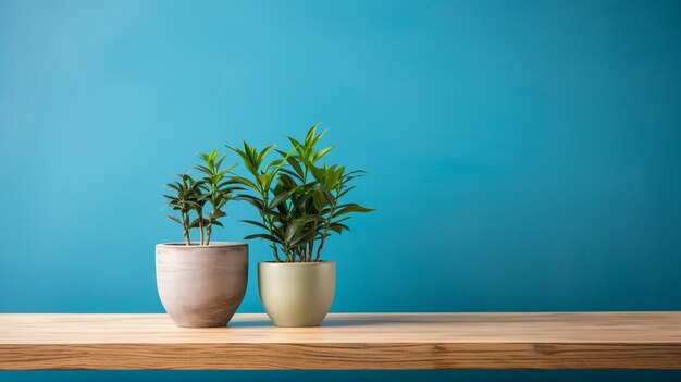 Des plantes en pot sur une table en bois sur un fond bleu