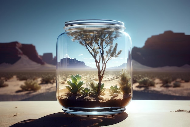 Plantes poussant dans un pot de verre avec un fond désertique Conception du réchauffement climatique et de la pénurie d'eau