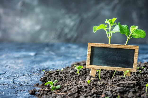 Des plantes qui poussent et un tableau blanc dans le sol