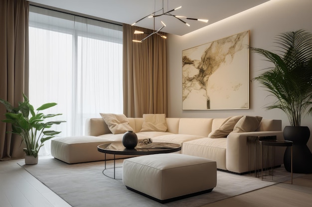 Photo plantes sèches meubles beige table et canapé dans une villa moderne image générée par l'ia