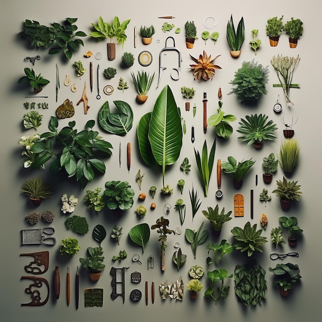 Photo les plantes sont soigneusement disposées en utilisant le style knolling