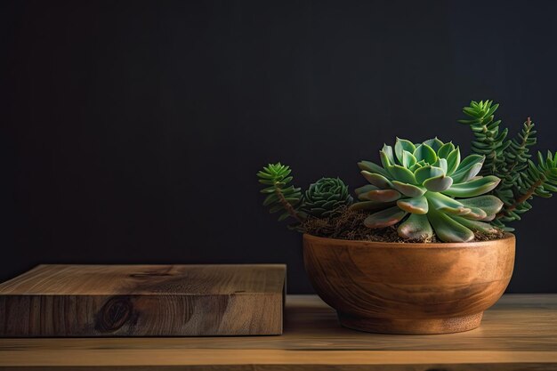 Avec des plantes succulentes en pot une base en bois et un fond vert