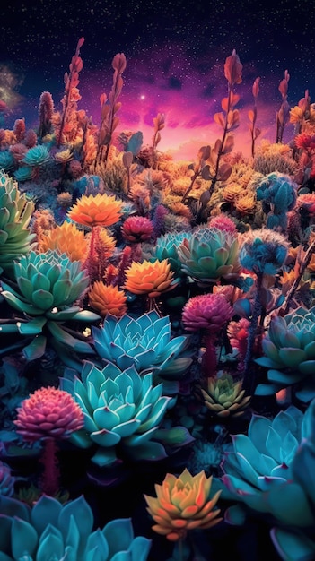Plantes succulentes vibrantes en turquoise foncé et violet clair générées par l'IA