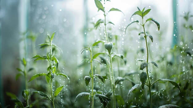 Des plantes vertes dans le brouillard avec des tiges et des feuilles derrière du verre glacé