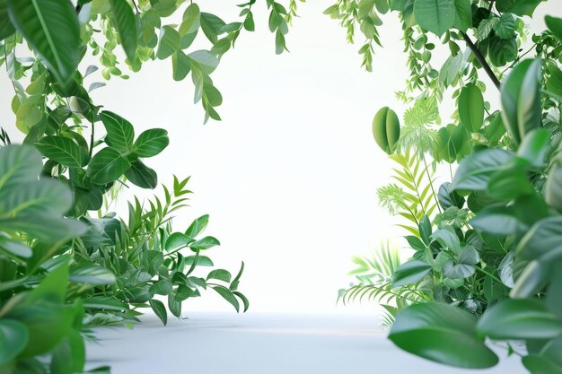 Des plantes vertes fraîches bordant un fond blanc avec un espace de copie au centre