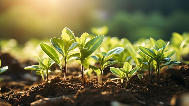 Des plantes vertes fraîches poussent dans un pré au soleil