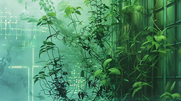 Des plantes vertes luxuriantes poussent dans une ville futuriste avec une grille lumineuse en arrière-plan