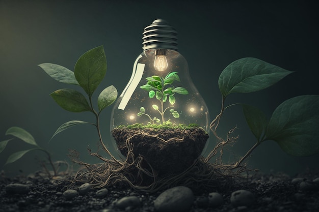 Les plantes vertes poussent et l'ampoule Économie d'énergie Jour de la Terre