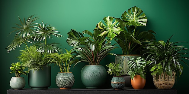 Plantes vertes tropicales palmier monstera et ficus en pots sur fond vert foncé bannière