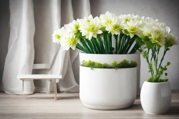 Photo un planteur blanc avec des fleurs et un vase blanc avec les mots fleurs dessus